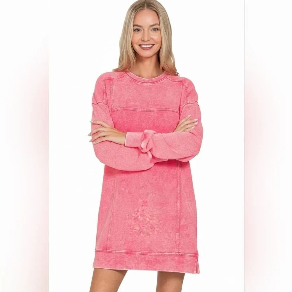 Zenana French Terry Acid Washed Pink Sweatshirt Dress with Pockets